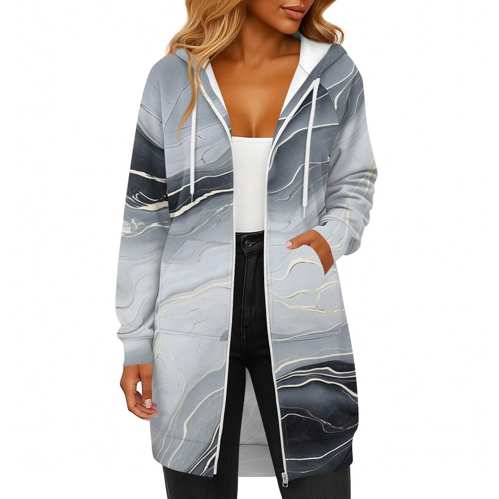 Women's Fashionable Printed  Long Sleeved Drawstring Hooded Zipper Pocket Long Casual Sweatshirt Jacket