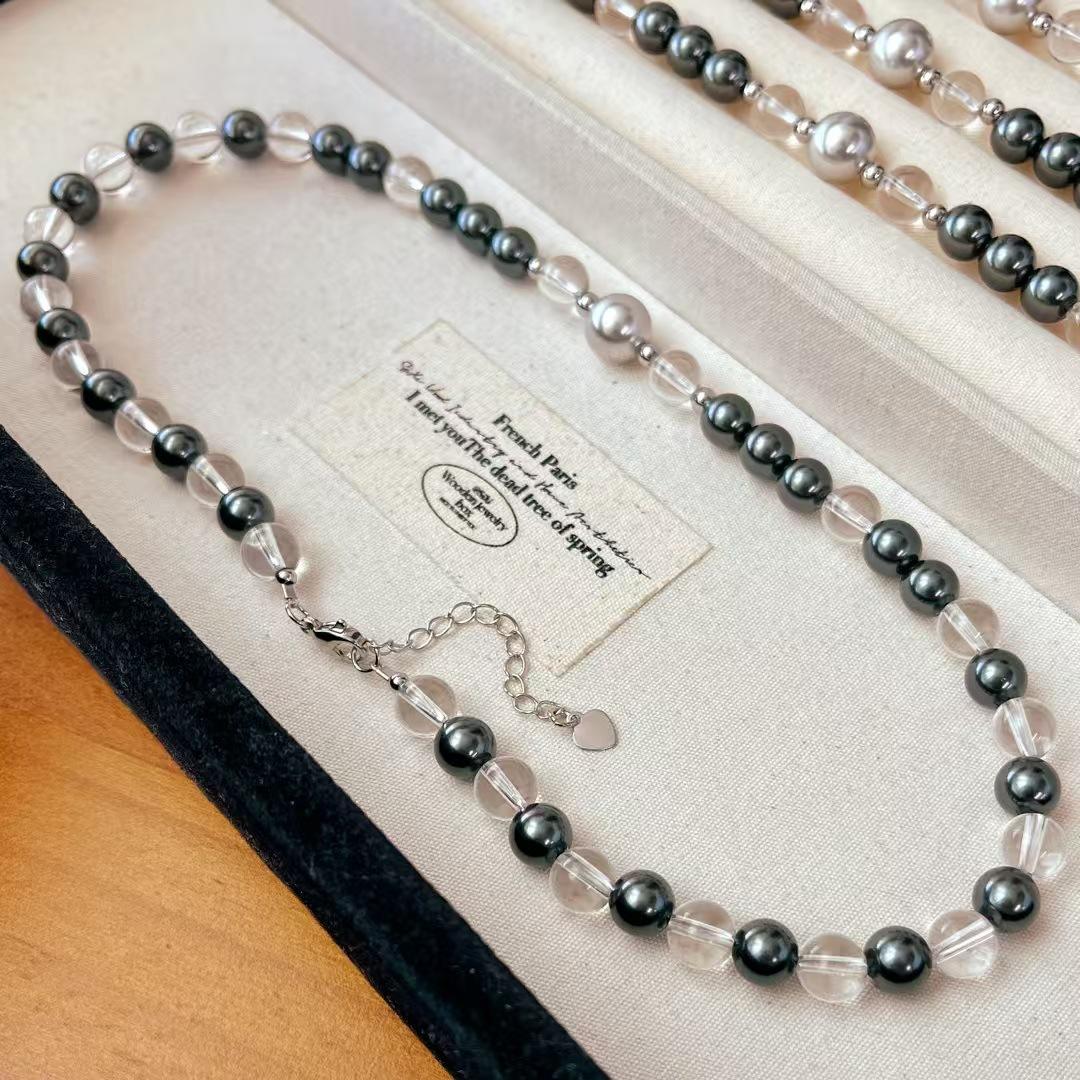 Vintage High Quality Vitreous Natural White Crystal Artificial Crystal Tahitian Pearl Necklace Clavicle Chain