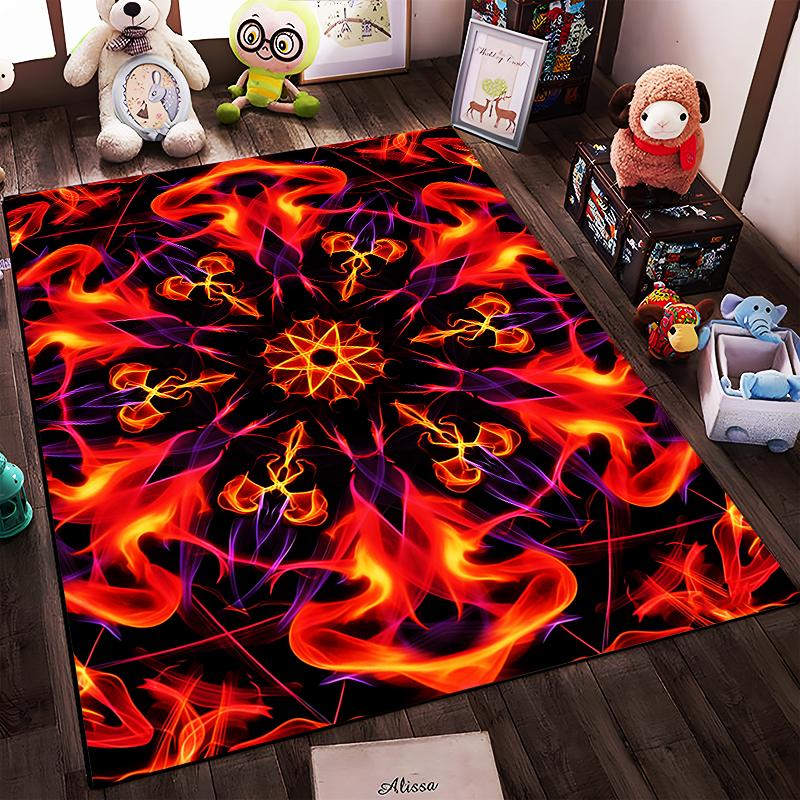 Abstract Flame Design Rug with Red and Purple Mandala Pattern Background Suitable for use as an anti-slip for living room bedroom sofas