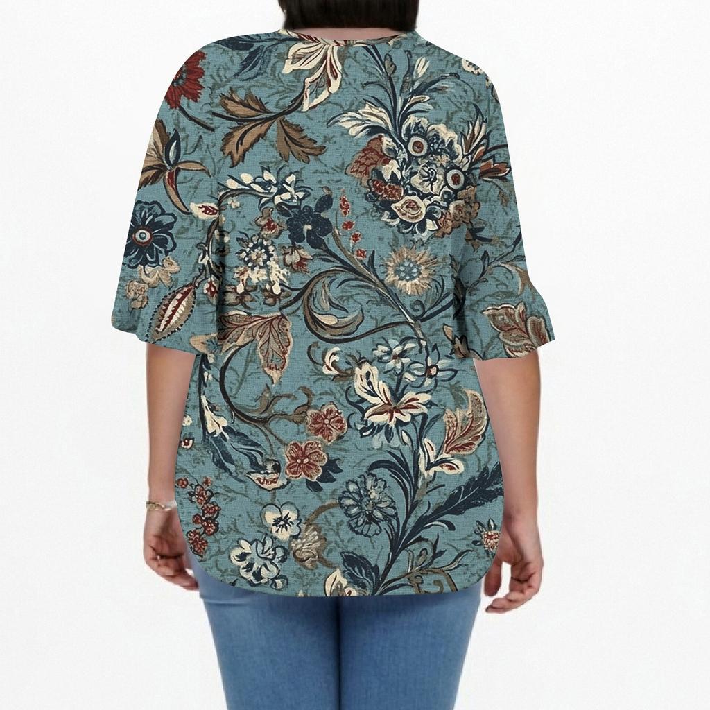 Women's Fashion Casual Retro Printed V-Neck Seven-Point Sleeve Ruffle Sleeve T-Shirt Tops Plus Size Women's