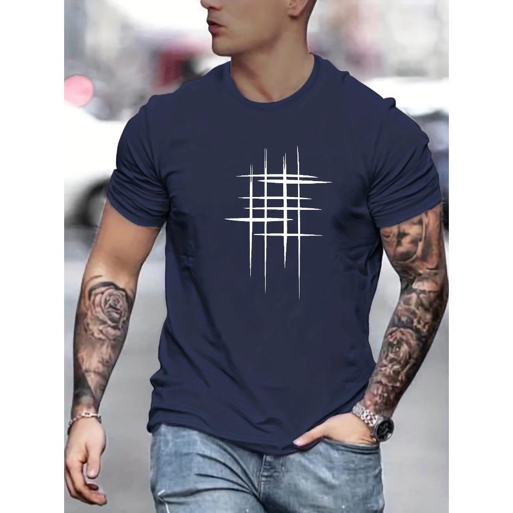 Summer Men's 100% Cotton Casual Loose Size Graphic Line Print Round Neck Short Sleeve T-shirt Top