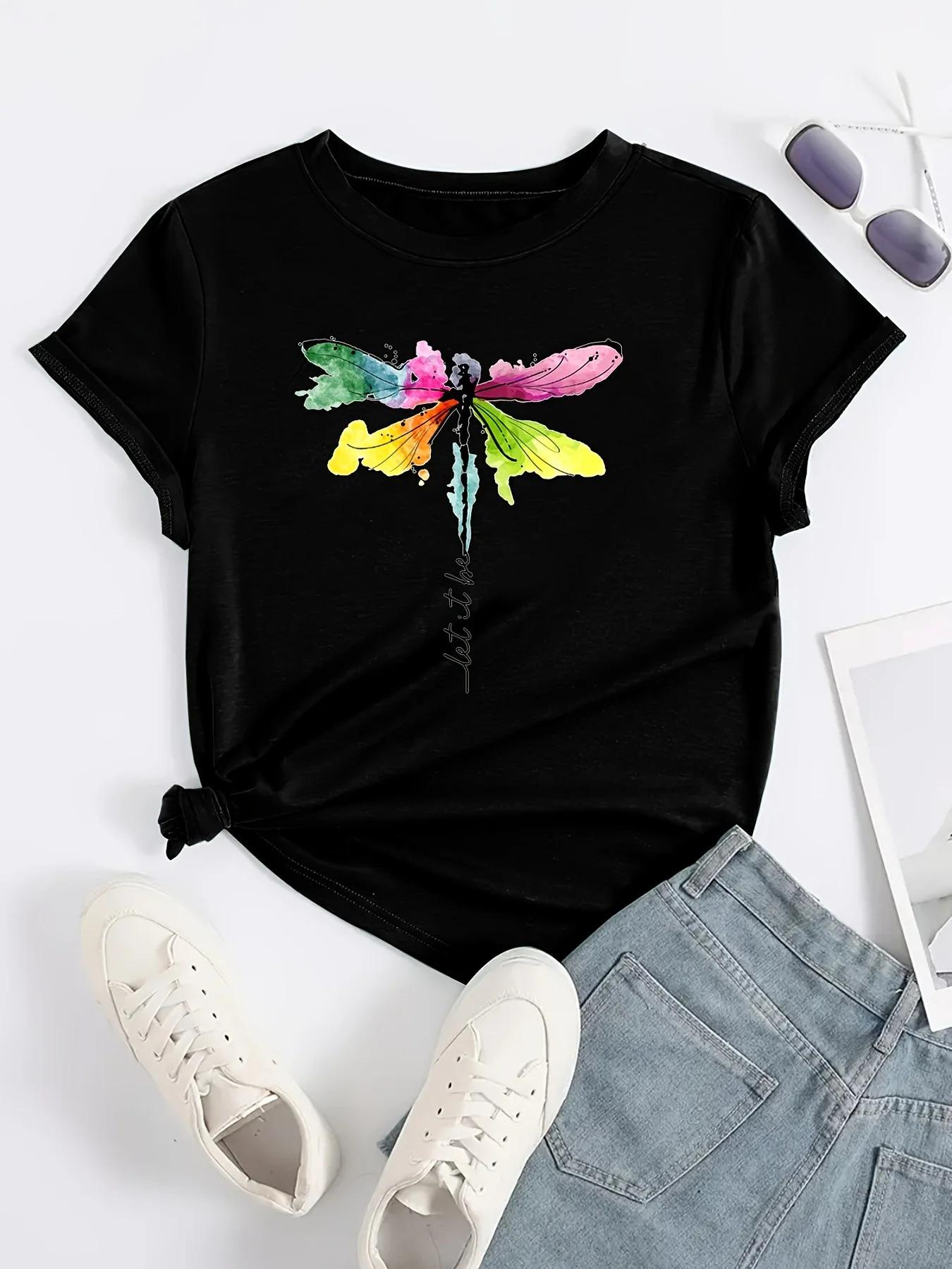

European and American dragonfly print crew neck T-shirt spring and summer casual short-sleeved T-shirt women s clothing XXL чорний