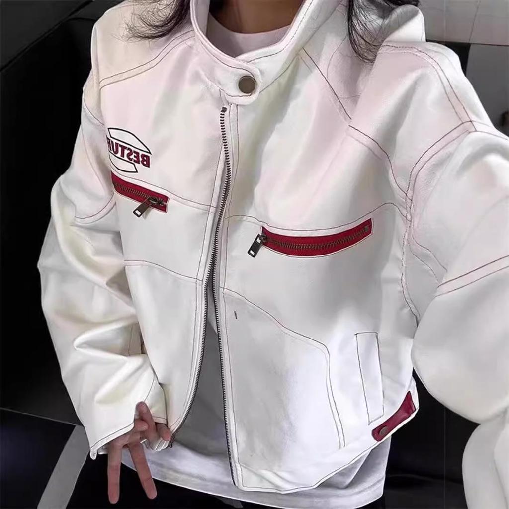 White Short Leather Jacket Mens Autumn and Winter Motorcycle Jacket Stand Collar Embroidered Jacket
