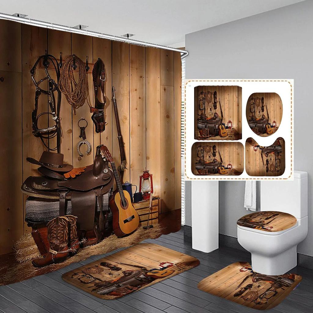 4Pcs Fire Burning Electric Guitar Shower Curtain Sets, Stone Wall Modern Bathroom Sets Waterproof,Non-Slip Bath Rugs Toilet Mat