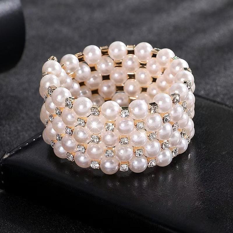 Multi-layer Pearl & Rhinestone Elastic Bracelet - Bridal Open Wrap Design