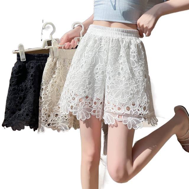 Pantaloncini da Donna a Vita Alta in Pizzo Traforato a Linea ad A - Estivi Snellenti, Gamba Larga Morbida con Vita Elastica