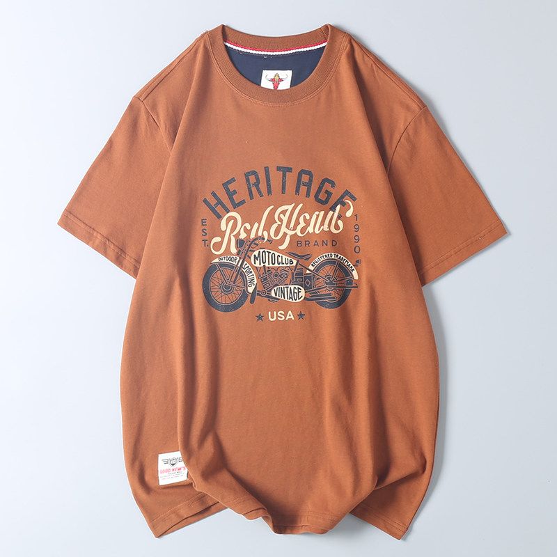 American Retro Motorcycle Print Short-Sleeve T-Shirt for Men, Export Surplus, Pure Cotton, Brushed Fabric, Round Neck, Half-Sleeve