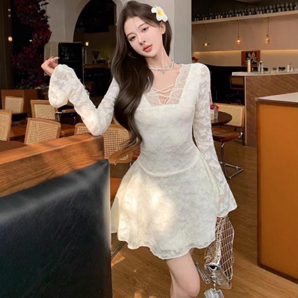 Elegant Women's V-Neck Lace Dress – Slim-Fit with Cinched Waist, Flared Sleeves, and A-Line Short Skirt for Early Spring.