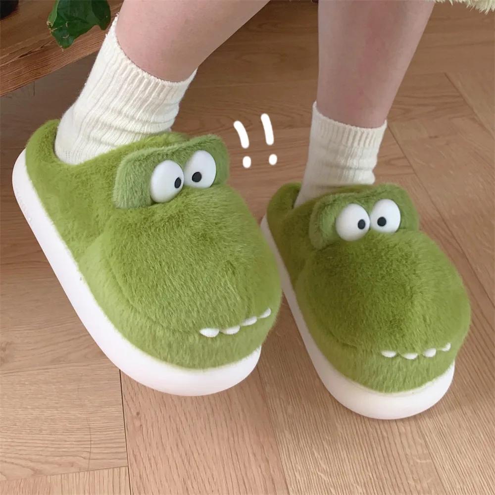 Fashion Cute Crocodiles Winter Shoes New Women Indoor Slipper Soft Heel Platform Fur Warm Comfortable Fluffy Couples Home Slippers