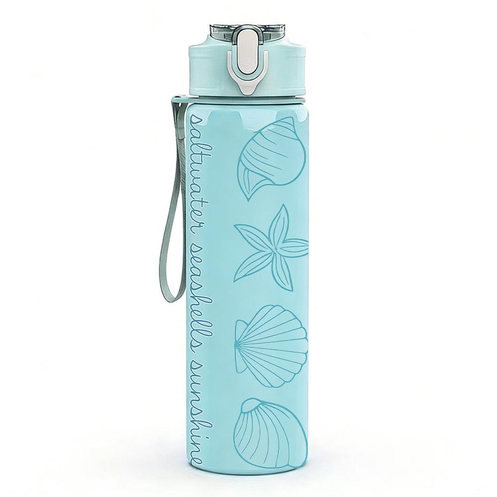 1 Stück Blaue Muschel Textur Lineal 750ml Farbe Kunststoff Sport Wasserflasche Auslaufsicher Klappdeckel mit Strohhalm Für Sport Büro Zuhause dunkelblau