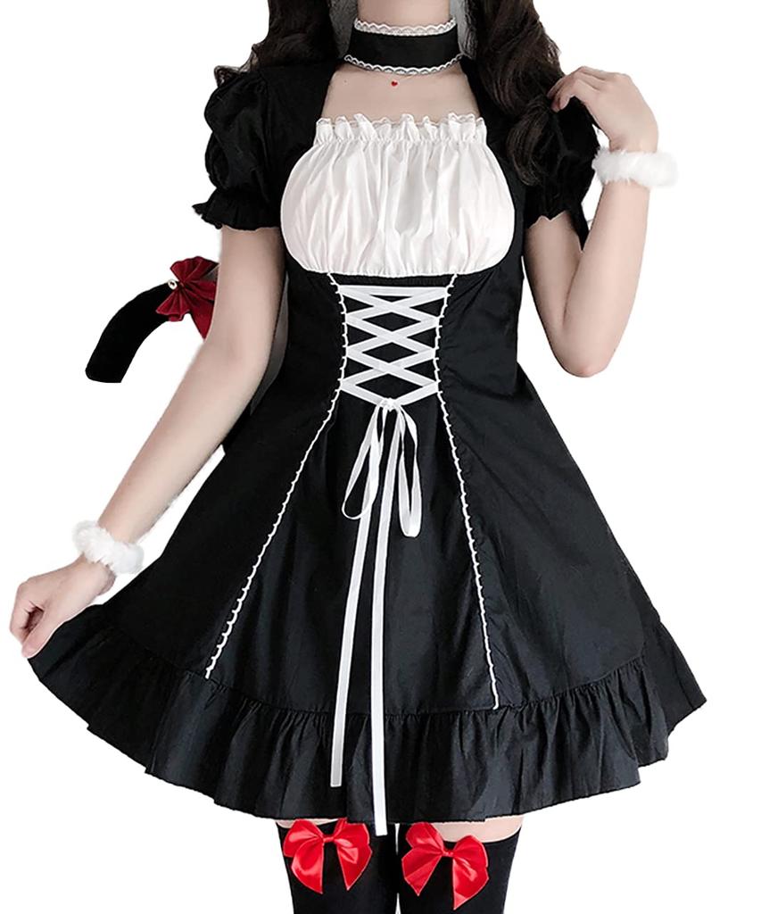 Robe Lolita pour femme Milky Time avec manches bouffantes, ras-du-cou et longueur mini, noire, costume de cosplay