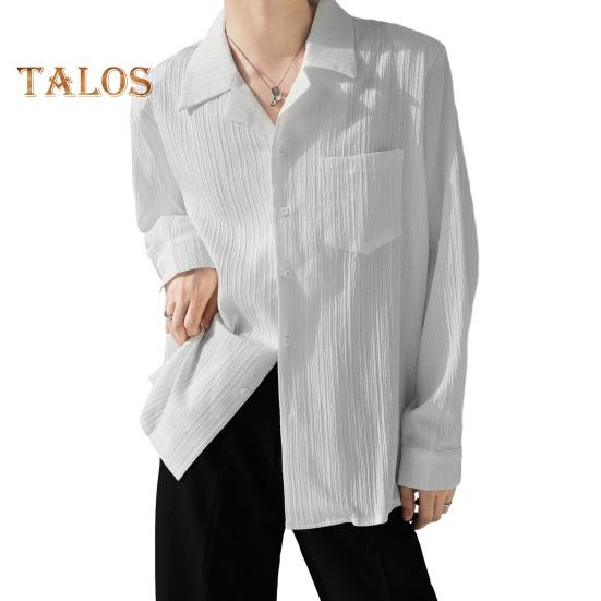 Pánská košile s kubánským límcem, dlouhý rukáv, pruhovaná, texturovaná, na knoflíky, volný střih, jednobarevná, ležérní košile pro každodenní nošení, dovolenou, práci