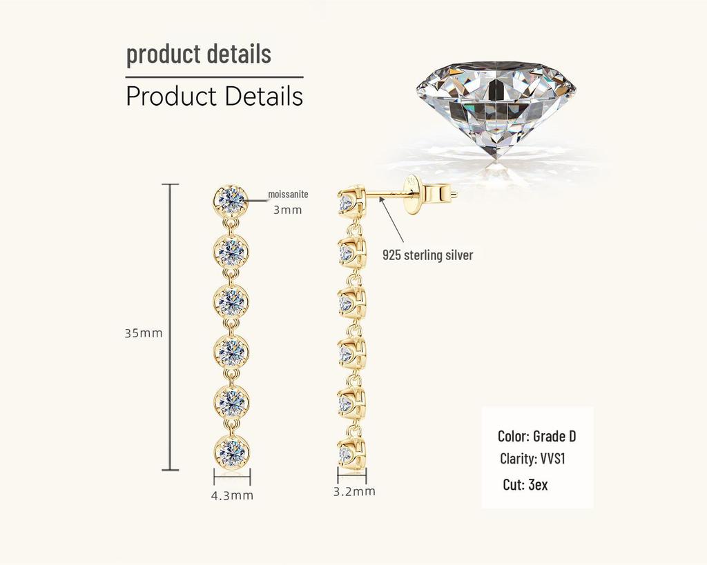 European & American Style Moissanite Tassel Stud Earrings for Women, S925 Sterling Silver Round Jewelry