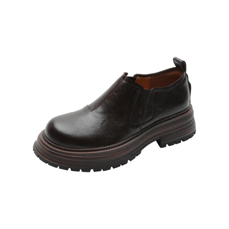 Soft and comfortable loafers women's 2025 new British style platform thick heel one pedal round head medium heel small leather shoes women