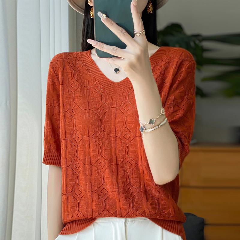 Women Knit T-shirt Summer Knitted Shirt Short Sleeve Tees V-neck Pullover Knit Tops Female