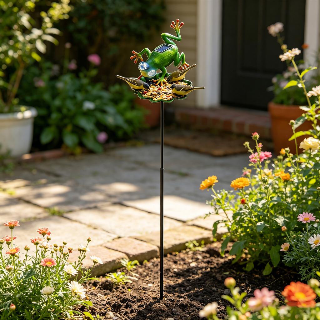 Solar Powered Frog Garden Stake with Bird Feeder and Decorative Leaf Platform Outdoor Yard Ornament for Lawn Patio and Garden