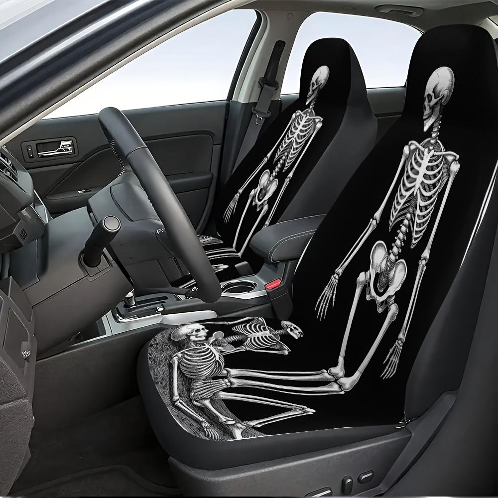 2pcs Gothic Skull Print Car Seat Covers Compatible For Most, Front Seat Protectors With Gothic Bone & Crossbone Design, Washable