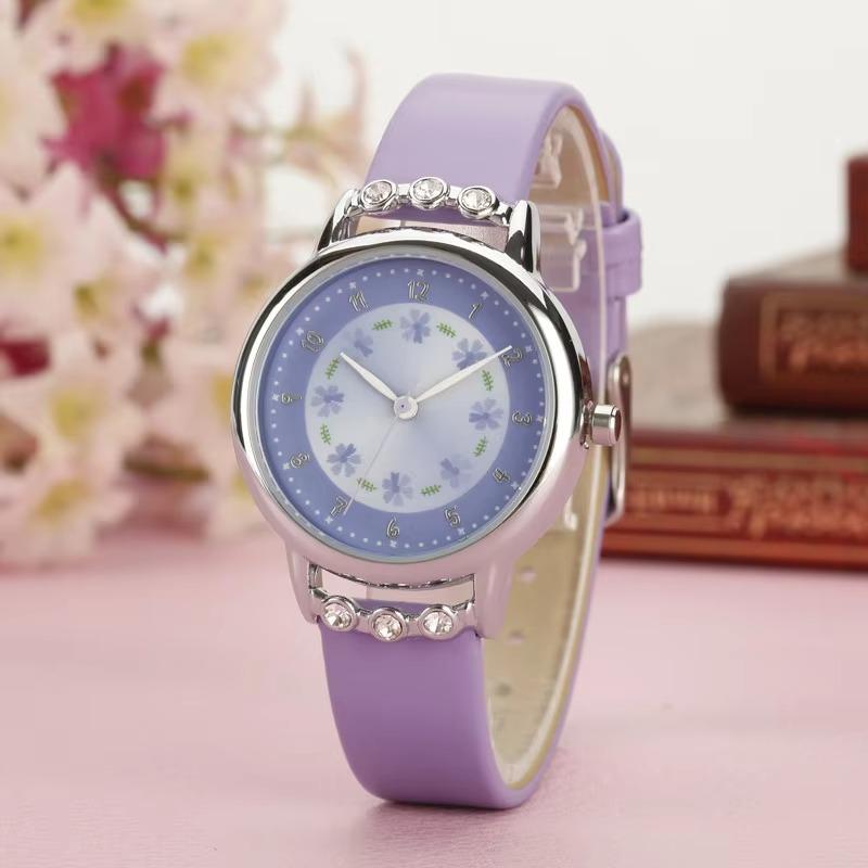 UTHAI CQ09 Fashion and Simple Children's Watch Quartz Flower Girl Watch Princess Leather Quartz Watch Water Diamond Retro Clock