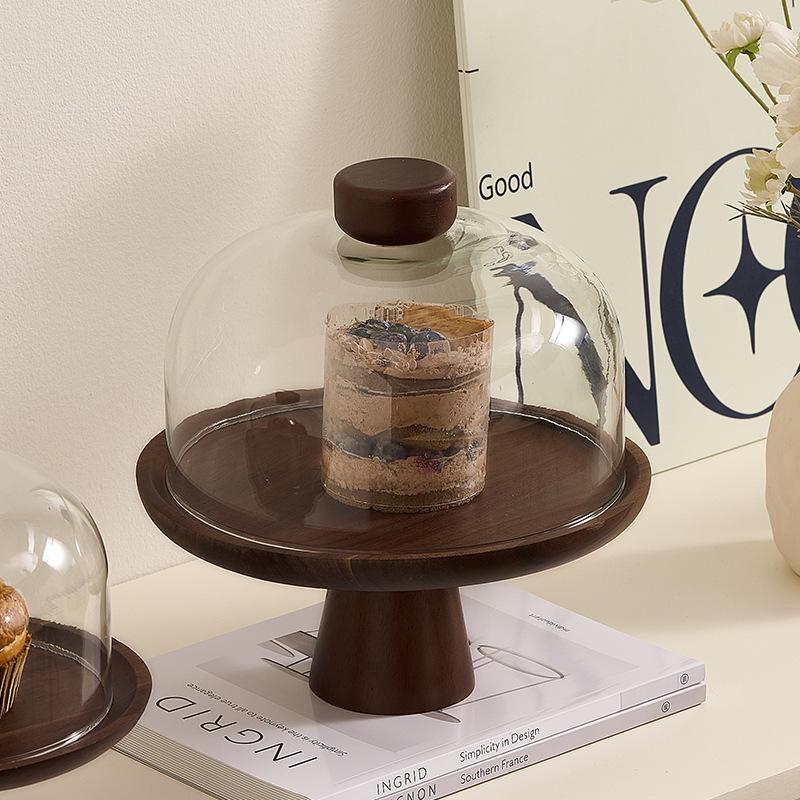 Retro Acacia Wood Tall Cake Tray with Glass Cover Wedding Dessert Table Display Rack Exquisite Afternoon Tea Dessert Tray