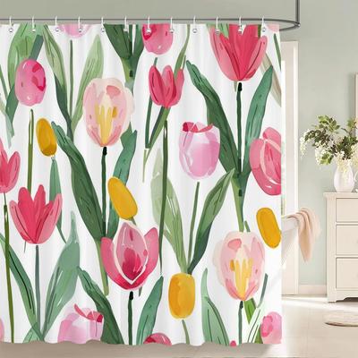 1 Packung Aquarell-Tulpenblumen-Muster Polyester-Material Duschvorhang Badezimmer-Trennvorhang Heimdekorationsvorhang