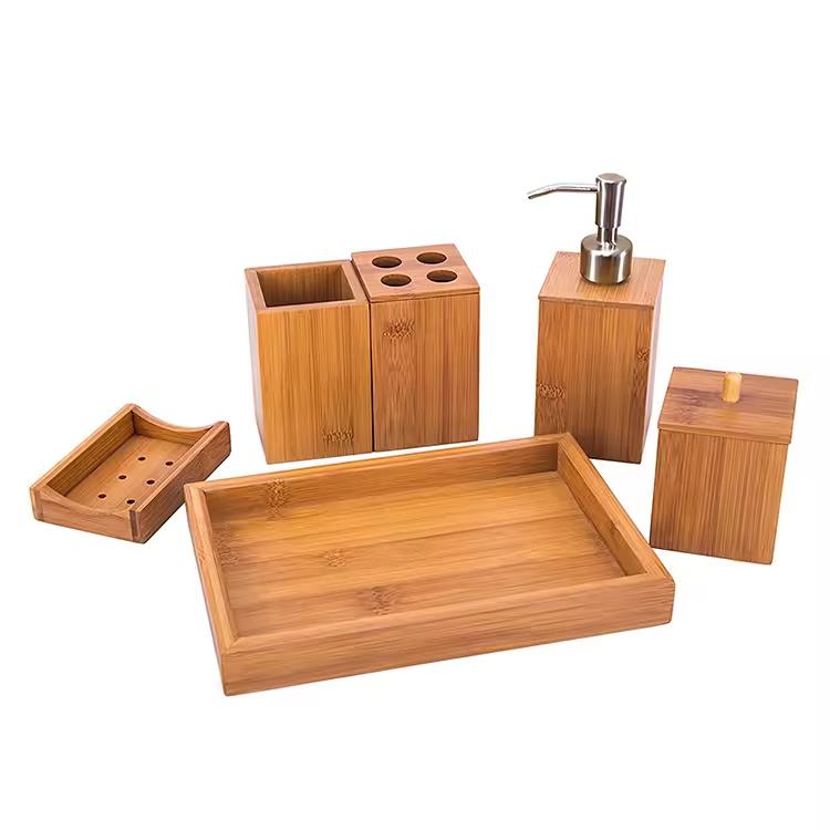 High Quality Wood Bathroom Set Hot Selling Classical Soap Dispenser Cup Tooth Brush Holder at Cheap Price