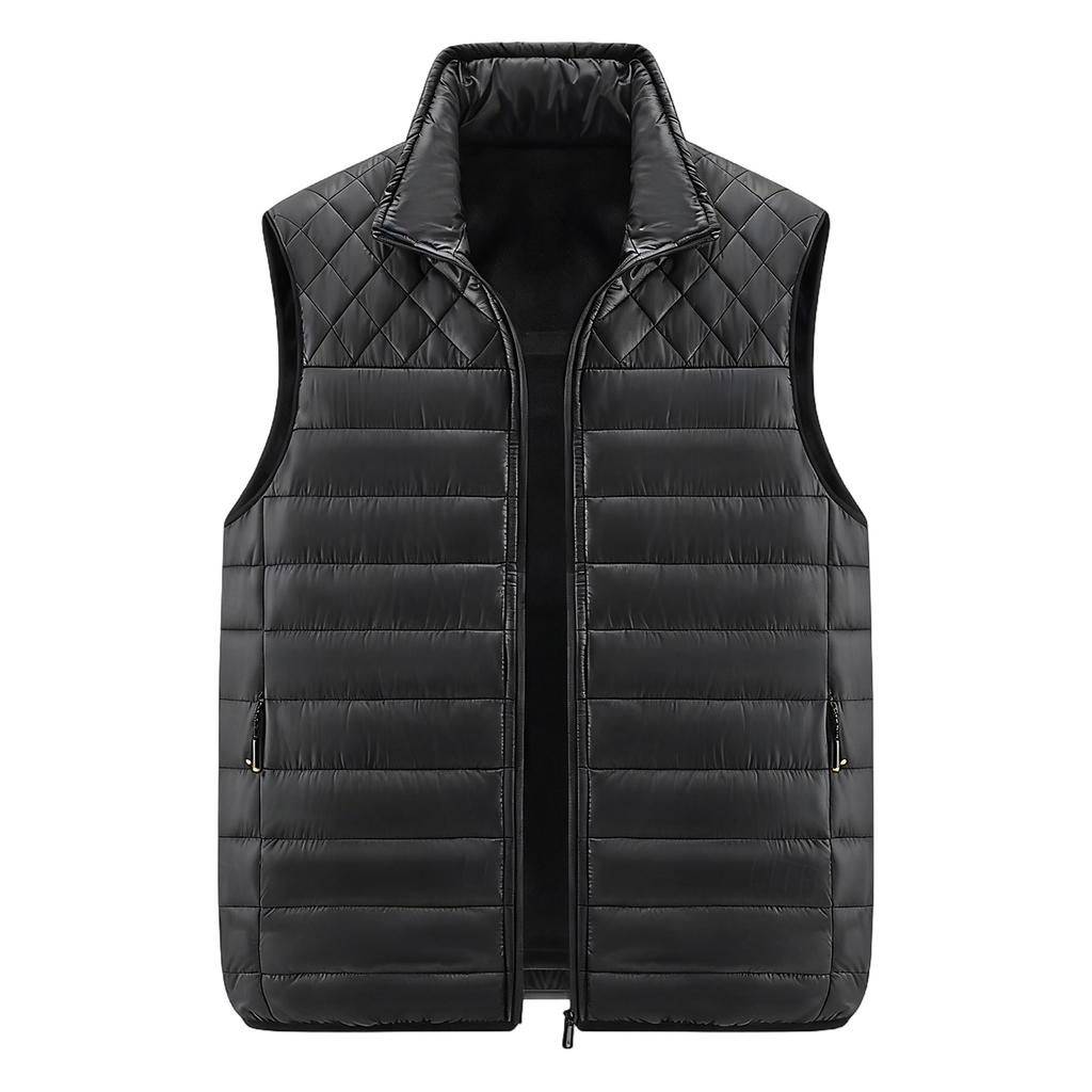 Men's Solid Color Fleece-lined Zip-up Vest, Stand Collar, Sleeveless, Outdoor Casual Warm Vest Jacket