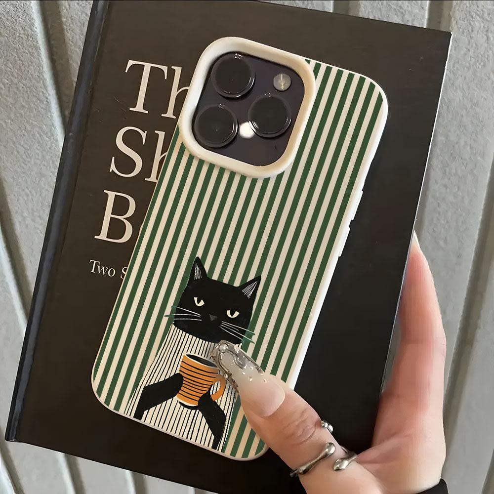 Funny Coffee Cat Pattern Lychee Phone Case For iPhone 18 17 16 15 14 13 Pro Max 15 14 Plus 17 18 Pro Air XS XR Shockproof Cover