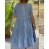 Cotton Linen Casual Women's Dresses 2025 Spring/Summer Sweet Short Sleeve Solid V-neck Large Swing Loose Dress S-5XL