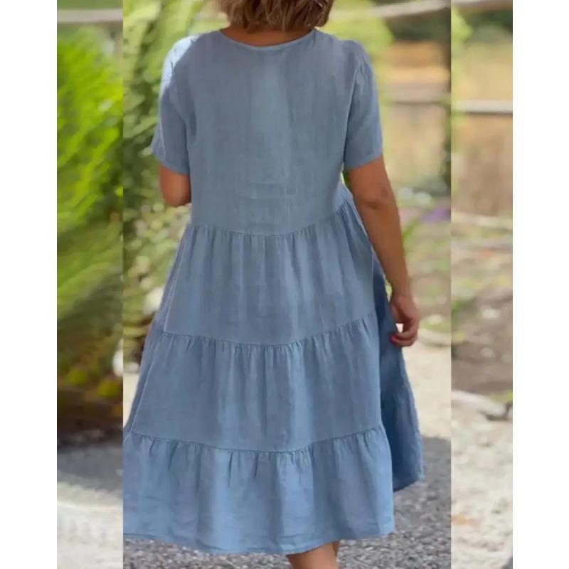 Cotton Linen Casual Women's Dresses 2025 Spring/Summer Sweet Short Sleeve Solid V-neck Large Swing Loose Dress S-5XL