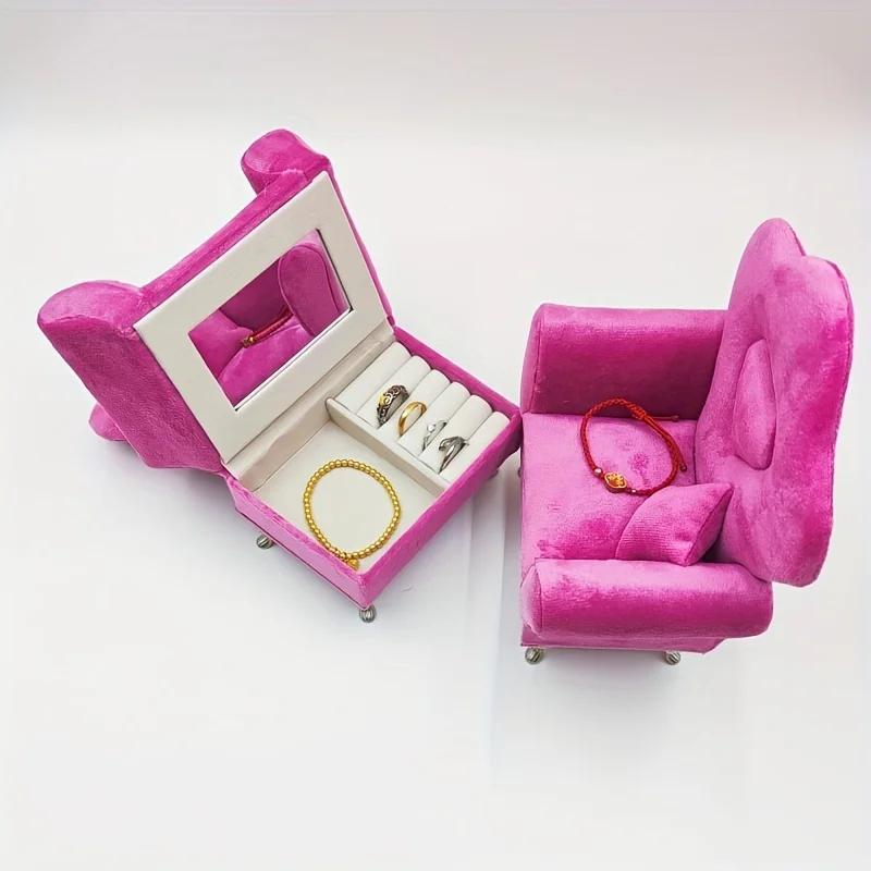 1pc Mini Sofa Design Storage For Women, Velvet Mini Jewelry Box For Stud Earrings, Rings And Necklaces, Ideal Choice for Gifts