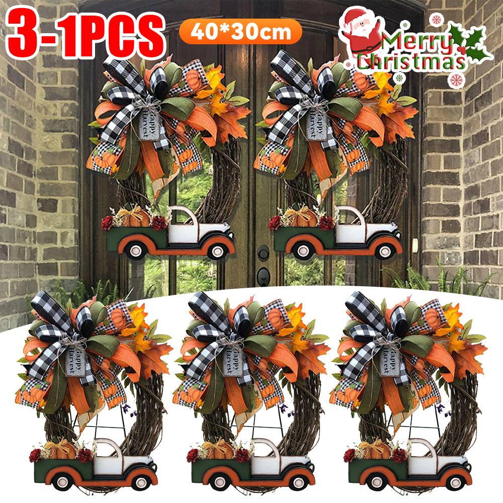 1-3PCS Farmhouse Pumpkin Cart Wreath Pumpkin Wreath Halloween Pumpkin Truck Wreath for Halloween Thanksgiving Decoration