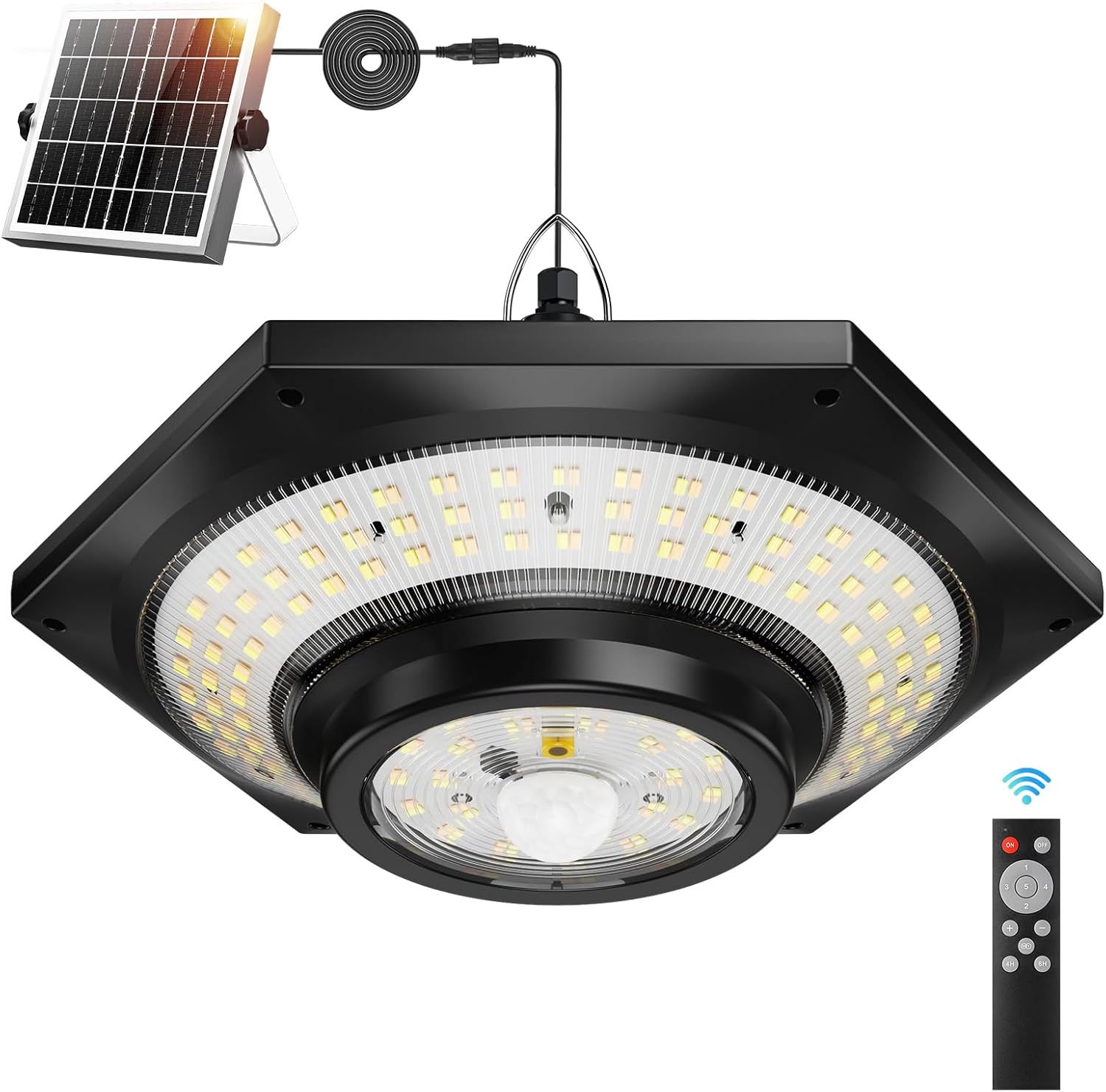 Luce solare per capanno Luce solare a sospensione Interno Esterno 228 LED 1000LM 5 Modalità con Telecomando per Capanno Gazebo Garage bianco