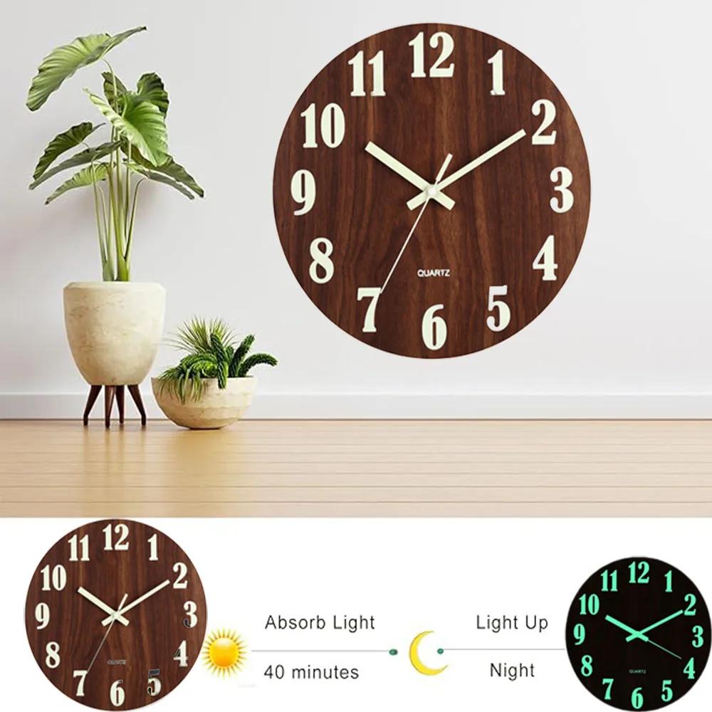 Holzbrett Leuchtende Wanduhr Faserplatte Holzmaserung Kreativ Leuchtend Fluoreszierend Leise Quarz Dekoration Kunst Wanduhren