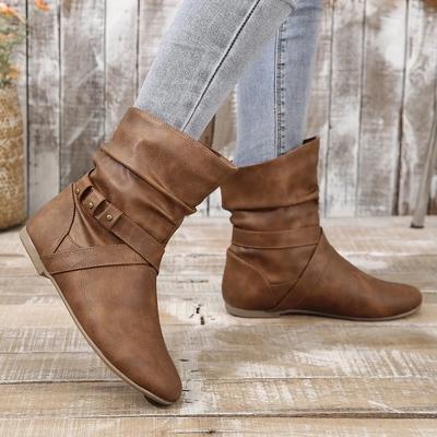 Retro Short Boots Women's Spring/Autumn Flat Bottom Pleated Boot Middle Barrel Stacked Boots Women Shoes Mid-Calf Ladies Shoes
