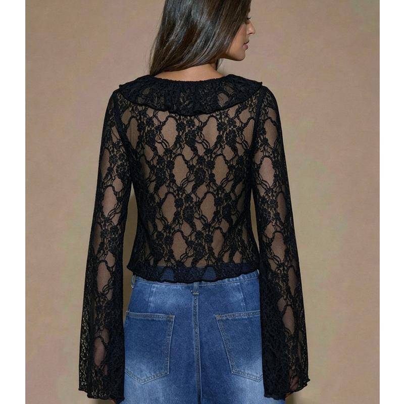 Sexy Going Out Tops for Women Long Sleeve Sheer Lace Front Tie Shirts