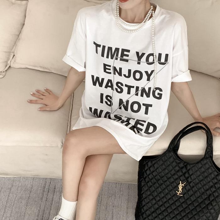 

Cotton printed black medium and long loose short-sleeved t-shirt women s summer Korean version lazy style casual top S