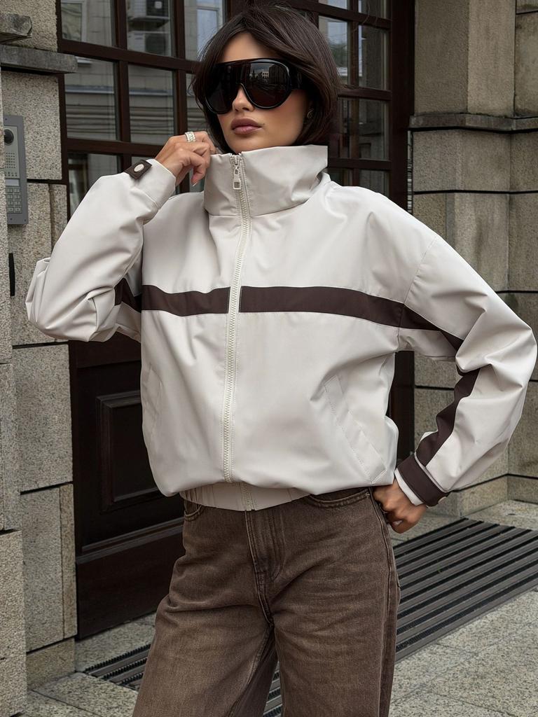 Women's Color Block Jacket Casual Stand Collar Zip Up Long Sleeve Crop Top Outerwear