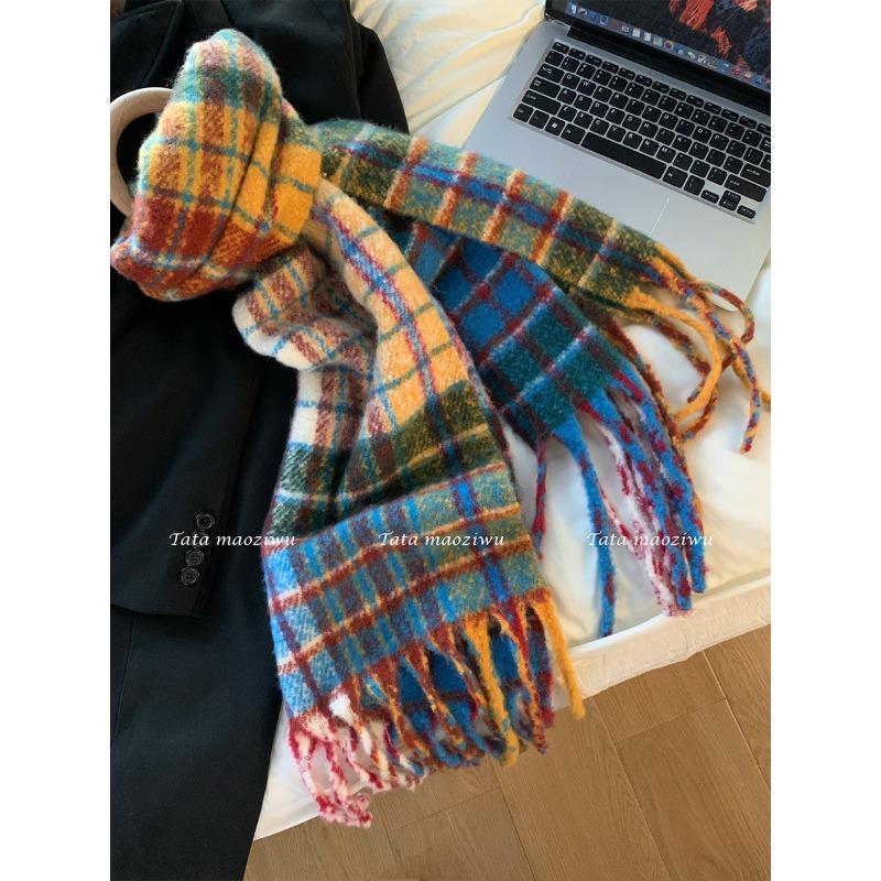 Rainbow plaid scarf women's winter imitation cashmere versatile color matching fringed shawl thickened scarf