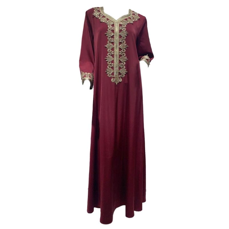 Ramadan Muslim Gold Embroidery Dresses Abayas Dubai Casual Kaftan Robe Ethnic Costumes with Long Sleeve for Womens