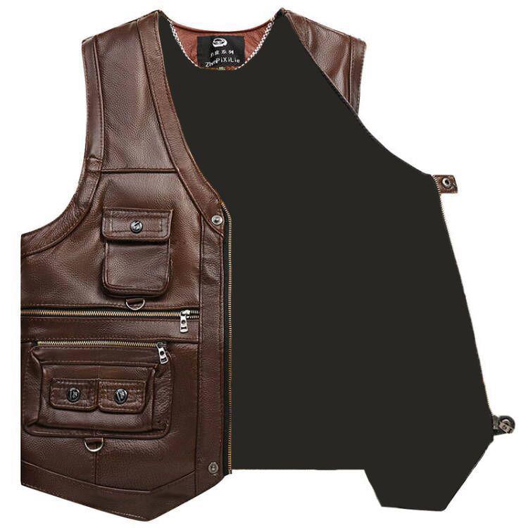 Herren Plus Size West aus echtem Rindsleder mit mehreren Taschen – Lässiges Gilet für Frühling, Herbst, Winter & Vaters Outfit