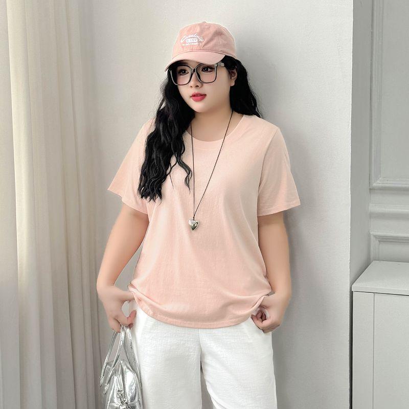 

Plus size women clothing [Eye-Catching Love T] Snowflake Cotton Summer Loose Short sleeve T-shirt 100.00kg Belly Covering round Neck Top Ballet Powder 8xl