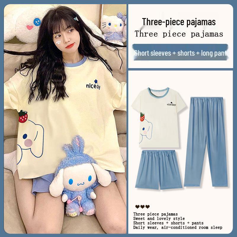Women's Loose Summer Cartoon Pajama Set: Cute Short Sleeve Top & Long Pants for Spring/Autumn