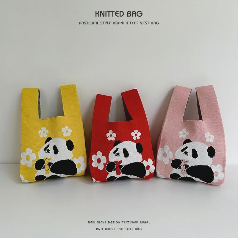 Cute Panda Casual Tote Bag: Trendy, Versatile, Polyester Knit Handbag for Women