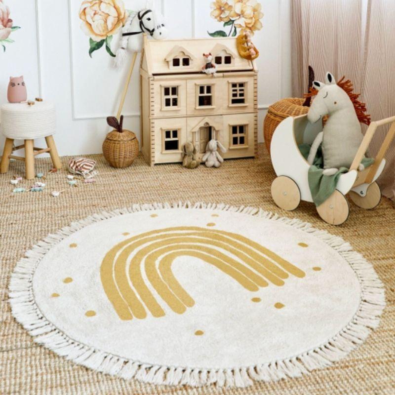 Round Fluffy Carpet For Living Room With Tassels,White Hairy Nursery Play Mat For Children,Soft Plush Bedroom Rugs For Kids