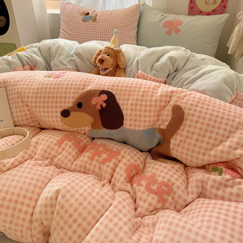 Thickened Milk Fleece Bed Four-Piece Set Fleece Quilt Cover Bed Sheet Coral Flannel Children'S Cartoon Bedding