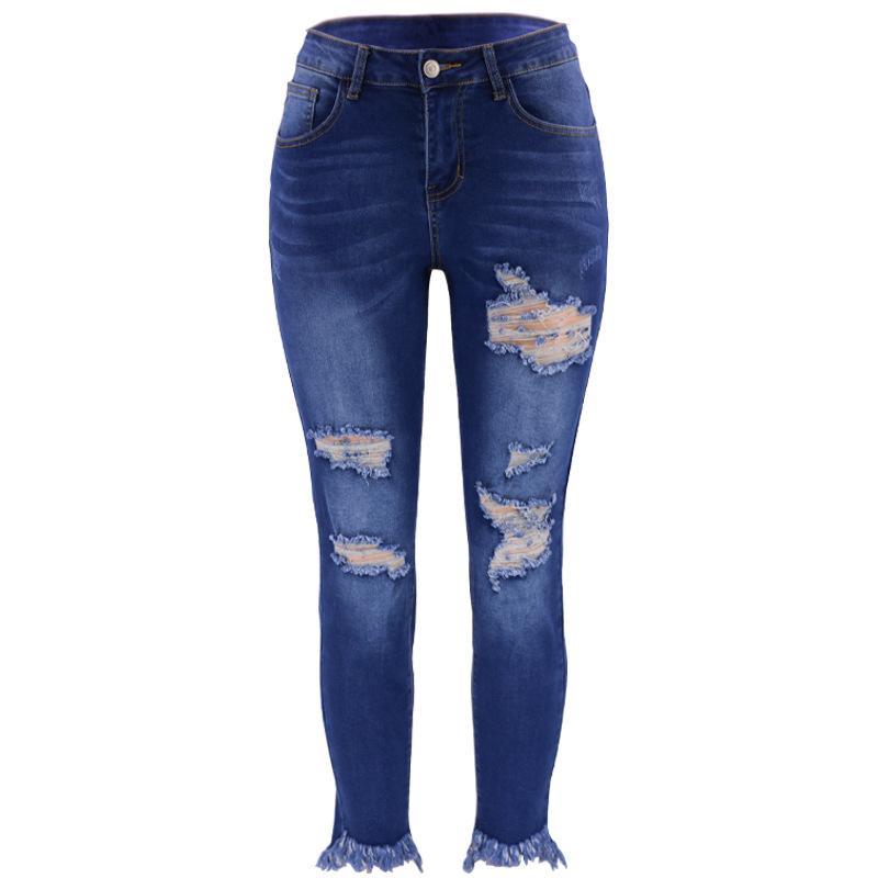 2024 Women's Cropped Jeans with Fashionable Holes and Irregular Pants