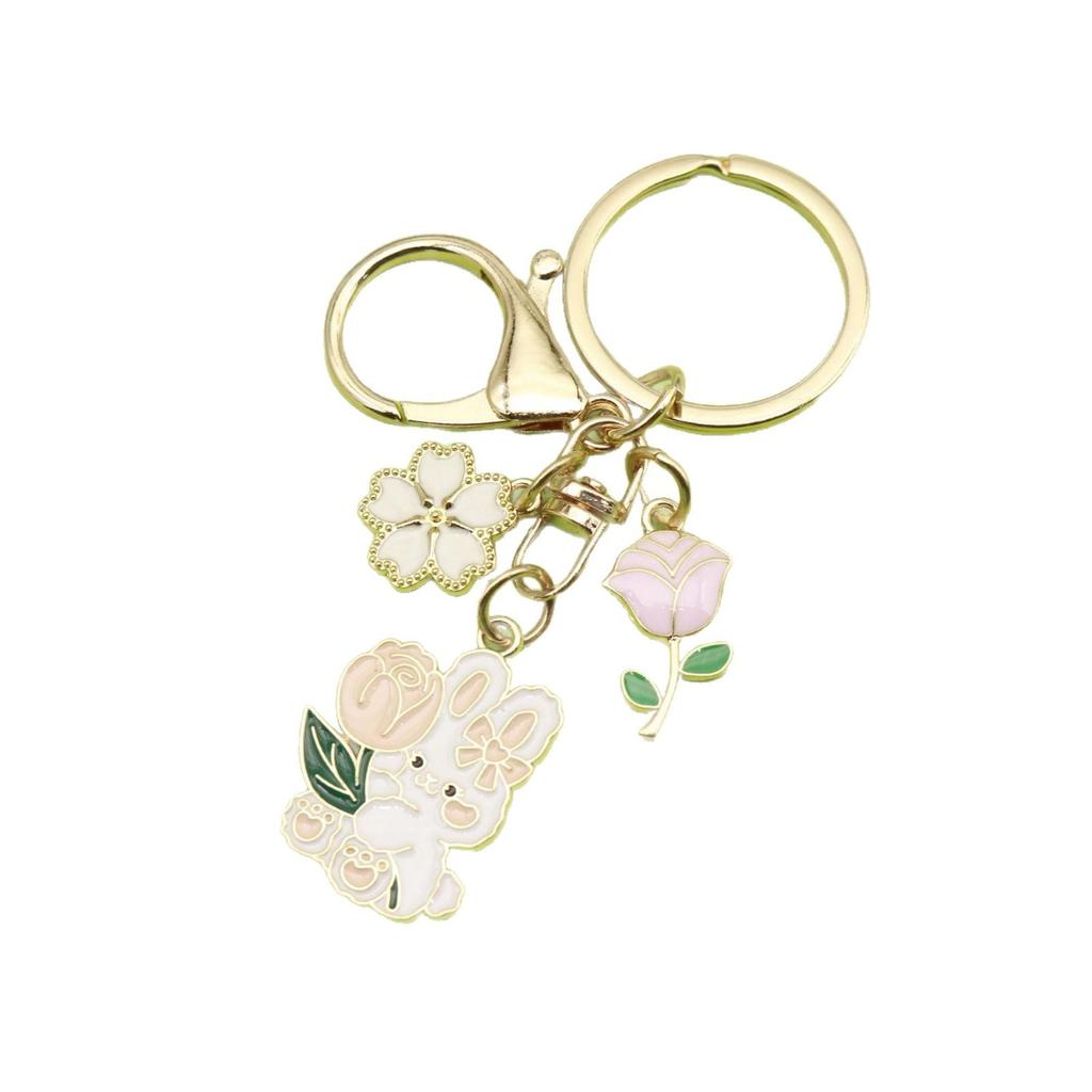 Cute Cartoon Rose Flower Rabbit Keychain - Festive New Year Gift & Backpack Pendant Pair