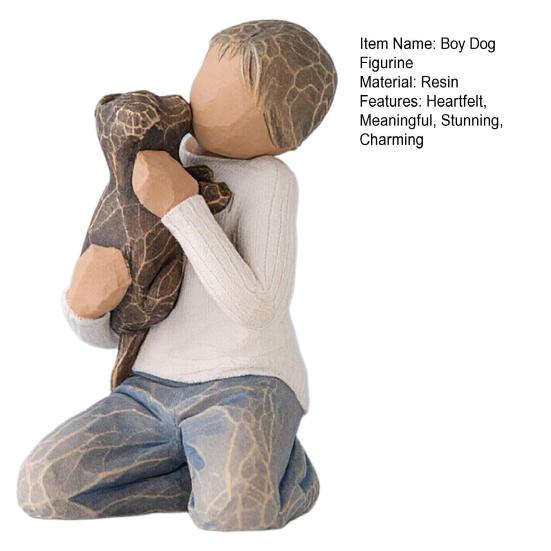 Puppy And Boy Figurine Kneeling Boy In Blue Jeans Holding Dog Statue Resin Sculpture for Bedroom Office Desk Bookshelf Decor Gifts for Dog Lovers