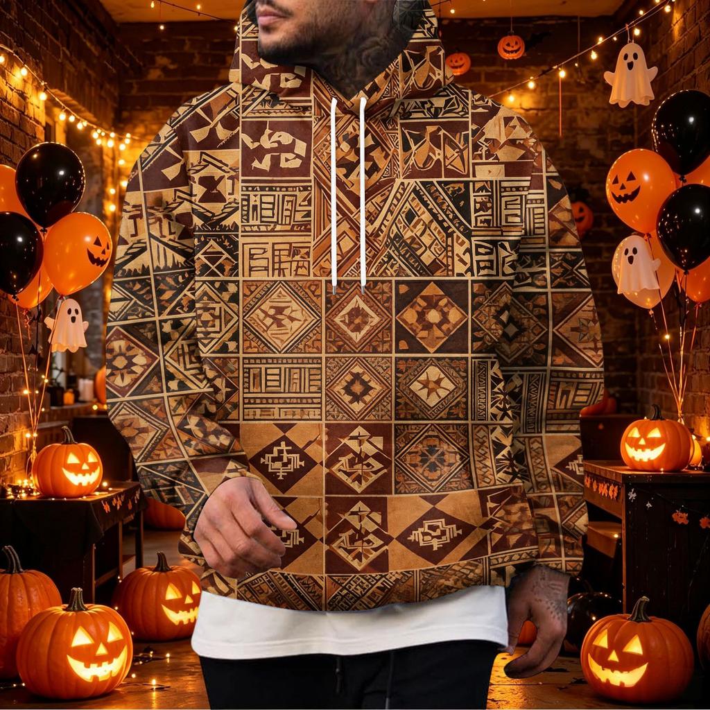 Men's Vintage Hoodie with Print and Patchwork Design, Single Pocket Casual Top