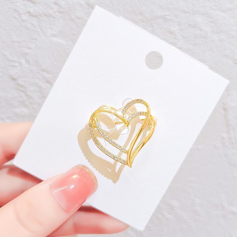 Women's Double-Layer Gold Heart Brooch Pin for Autumn/Winter Suit Jacket